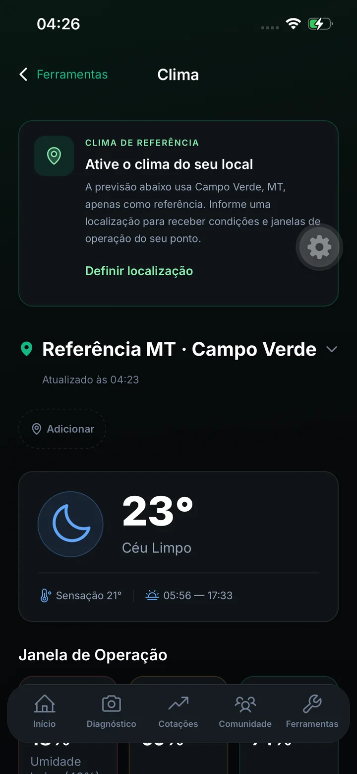 Captura real da área de clima do Pulso do Campo.