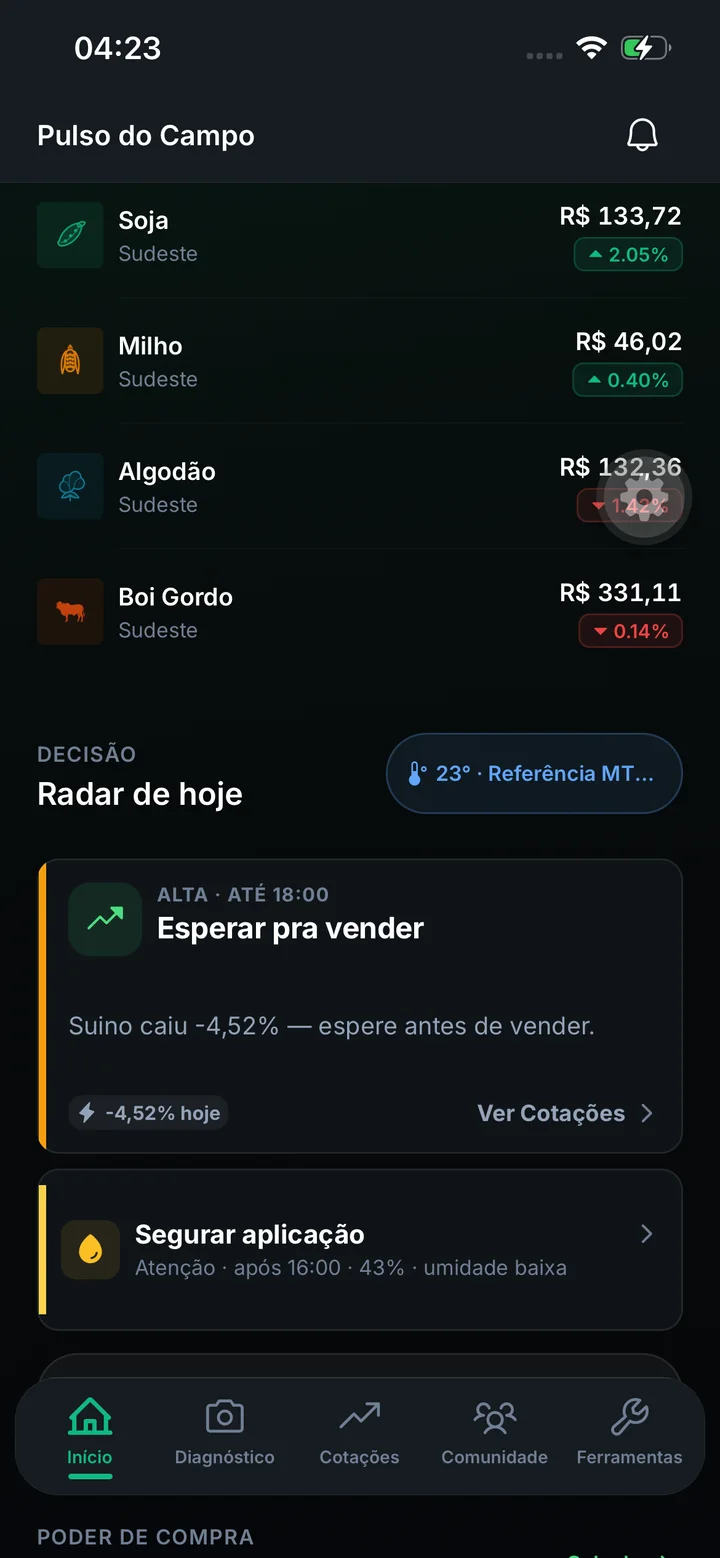 Captura real do Radar do Pulso do Campo com cotações, alertas e relação de troca.